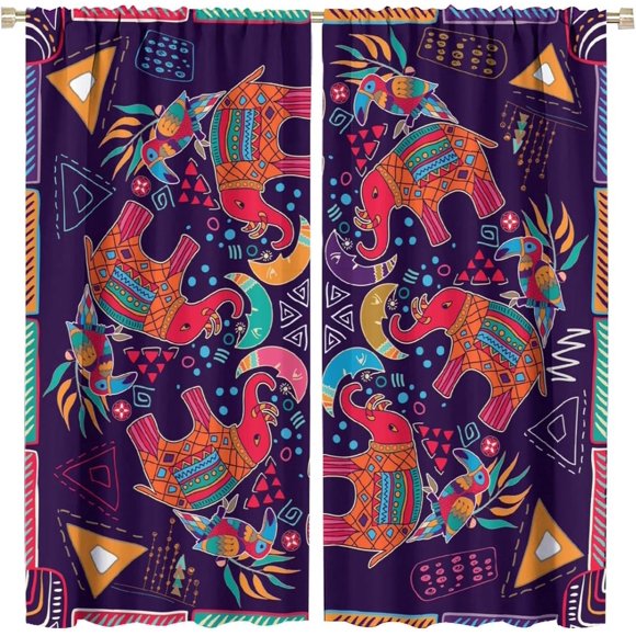 Vintage Indian Curtains Tropical Abstract Elephant Geometric Element Pattern Printed Curtains Bedroom Living Room Decoration Blackout Curtains W42 * L45 Inch