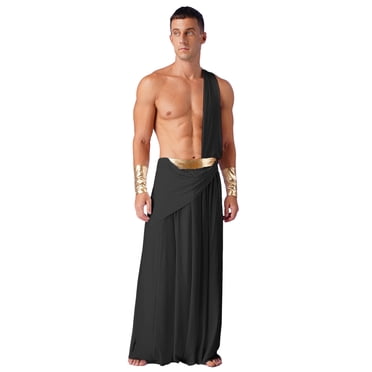 Sinleey Men's Greek Ancient God Costume Roman Toga Caesar Outfits One Shoulder Warrior Halloween Cosplay Black XL