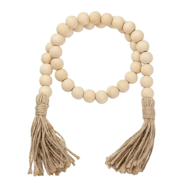 Guirnalda de cuentas de madera natural con borla de yute, decoración rústica de cuentas de madera, estilo granja.