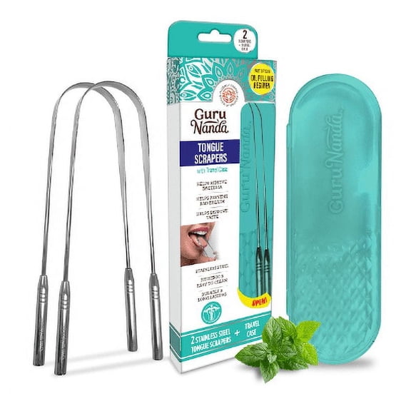 GuruNanda Stainless Steel Tongue Scraper, U-Shaped Ergonomic Design, Fights Bad Breath, Tongue Cleaner for Adults & Kids-Pack of 2