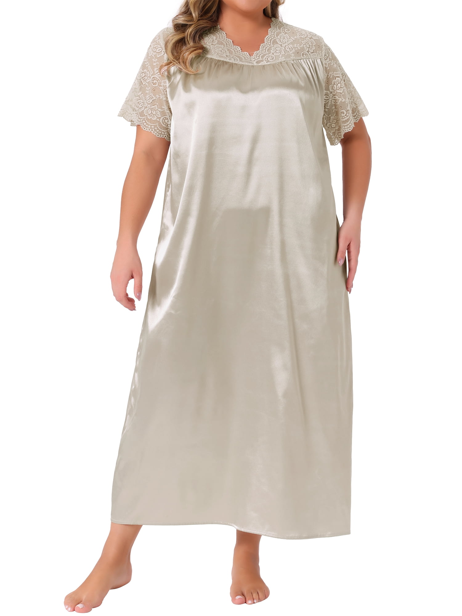 DARING DIVA Women's Plus Size Satin Short Sleeve Maxi  Nightgown 3X Champagne