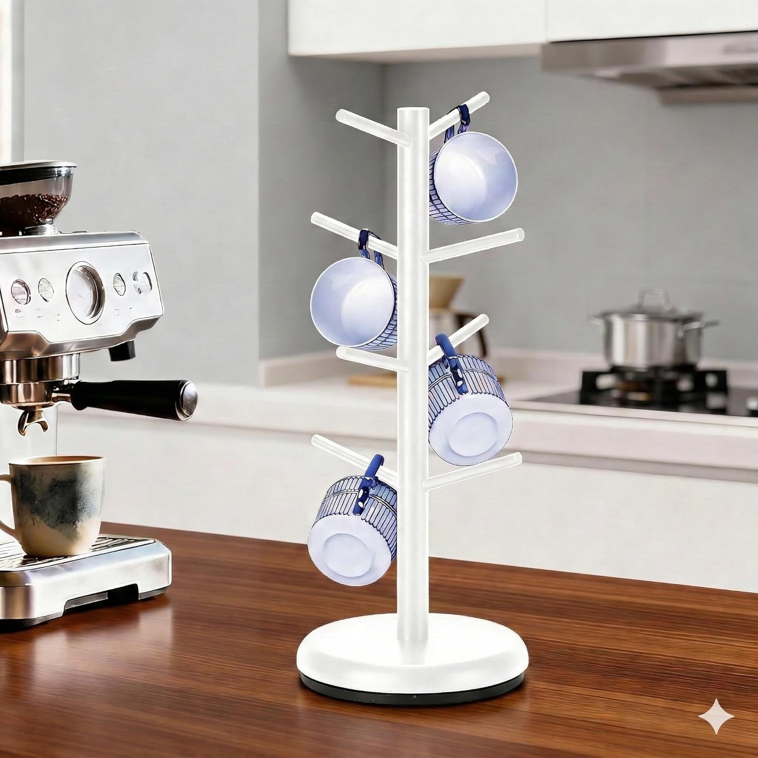 Bamboohomie White Coffee Mug Tree, Mug Holder for Counter, Rotating 8-Hook Mug Tree Stand, White