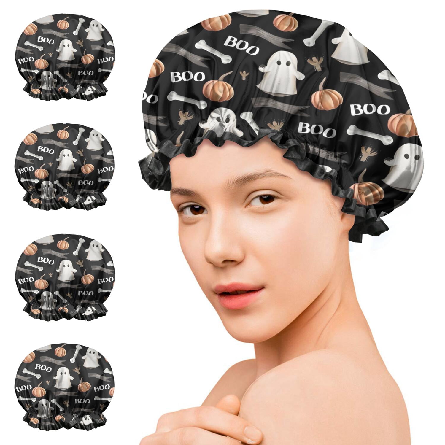 Shower Caps,Black Halloween Ghosts Pumpkins and Bones Waterproof Shower Cap for Women 4 Pieces,Double Reusable Hair Cover for Shower PEVA Elastic Stretch Hem