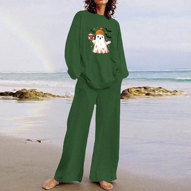 Puntoco Traje De Pantalón Y top De Manga Larga Con Cuello Redondo Y Estampado De Halloween Para Mujer Verde Militar Xxxxl