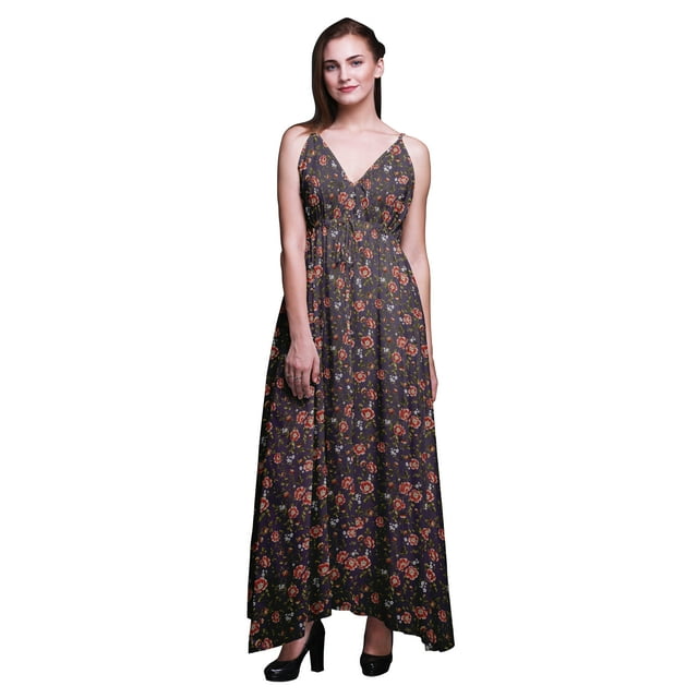 Bimba Floral Ladies Printed Resort Maxi DrawstringDressSpaghetti Strap Beach Wear-X-Small
