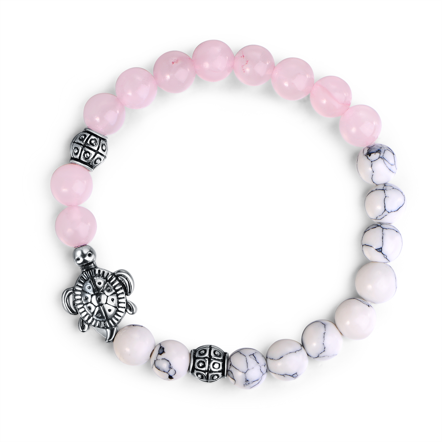 Rhodium Plated Genuine Pink Jade Turtle Stretch Bracelet with Natural ...