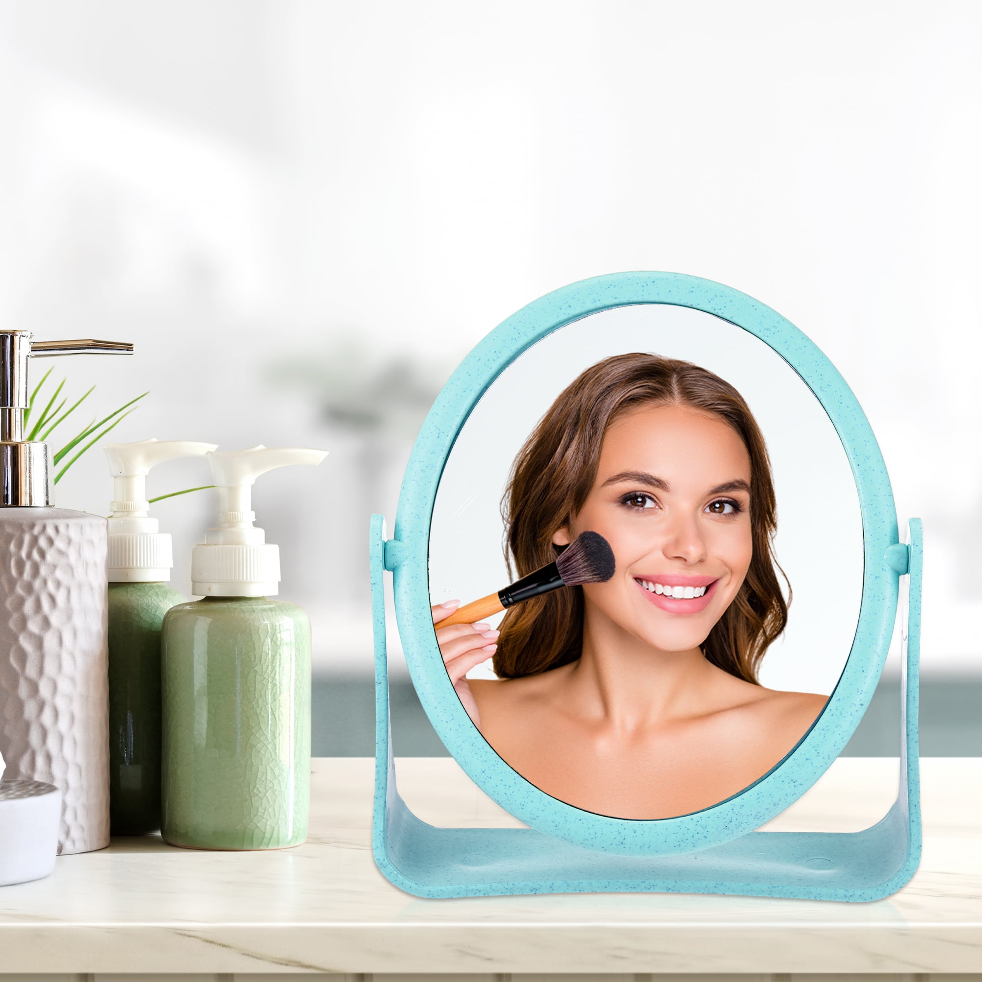 Unique Bargains Plastic Double Sided Round Makeup Mirror 360° Rotating Beauty Mirror Blue