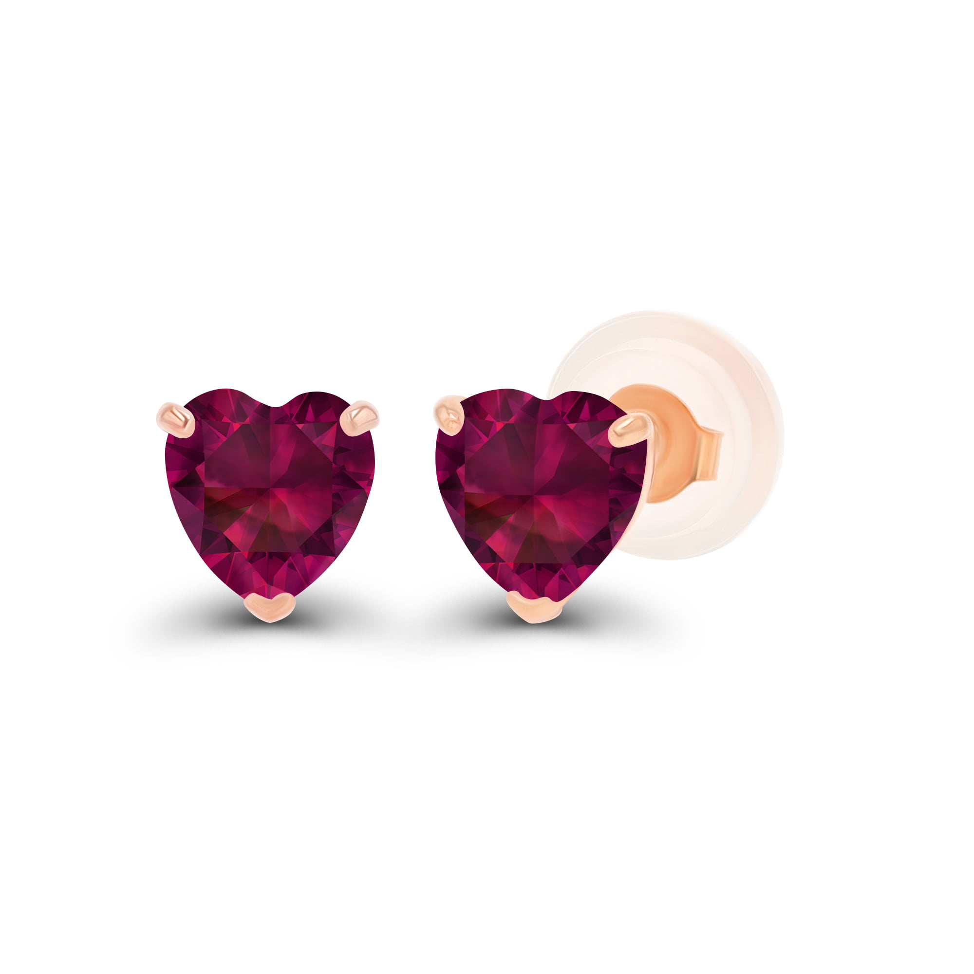 Solid 14K Rose Gold 4mm Heart Created Red Ruby July Birthstone Genuine Stud  Earrings For Women and Girls