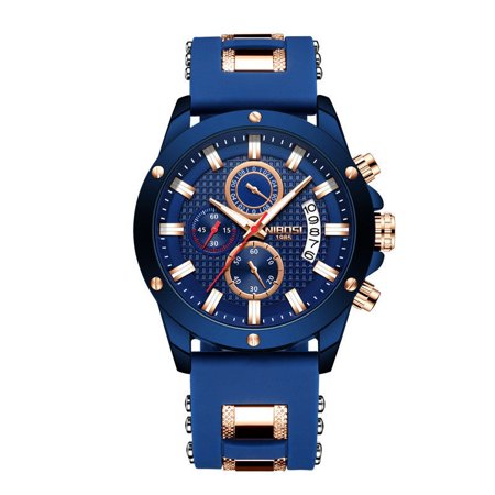 Mens Quartz Chronograph Watch, Three-Eye Design, Alloy Case, Silicone Strap, Mineral Crystal, Water Resistant, 46mm