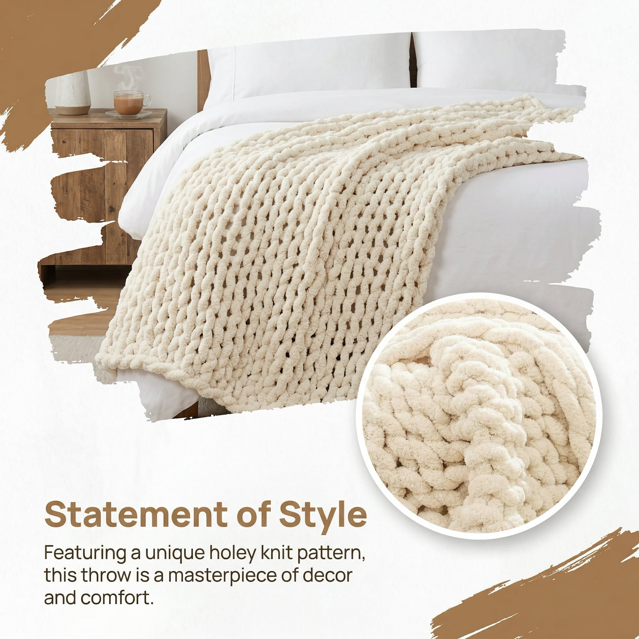 HomeCozy Chunky Knit Throw Blanket, 50x60 Inch Beige Soft Thick Chenille Blanket for Couch, Bed, Sofa, Cozy Hand Knitted Rope Knot Crochet Throw