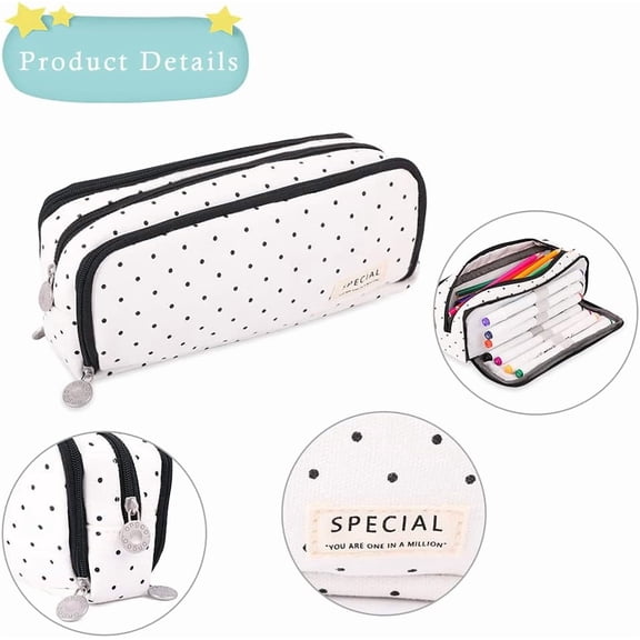 Polka Dot Pencil Case,Pencil Case Black,3 Compartments Canvas Stationery Organizer,Capacity Pencil Pouch With Pen Slots,Wide Opening Zipper Pen Holder Bag,Writing Tool Storage For Office Supplies