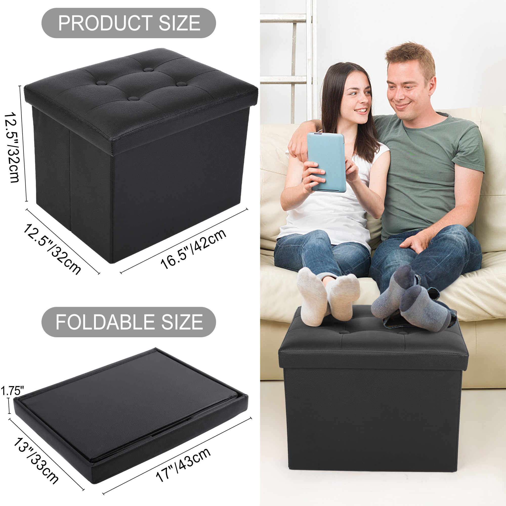 LotFancy 17" Storage Ottoman Cube, Black photo 3