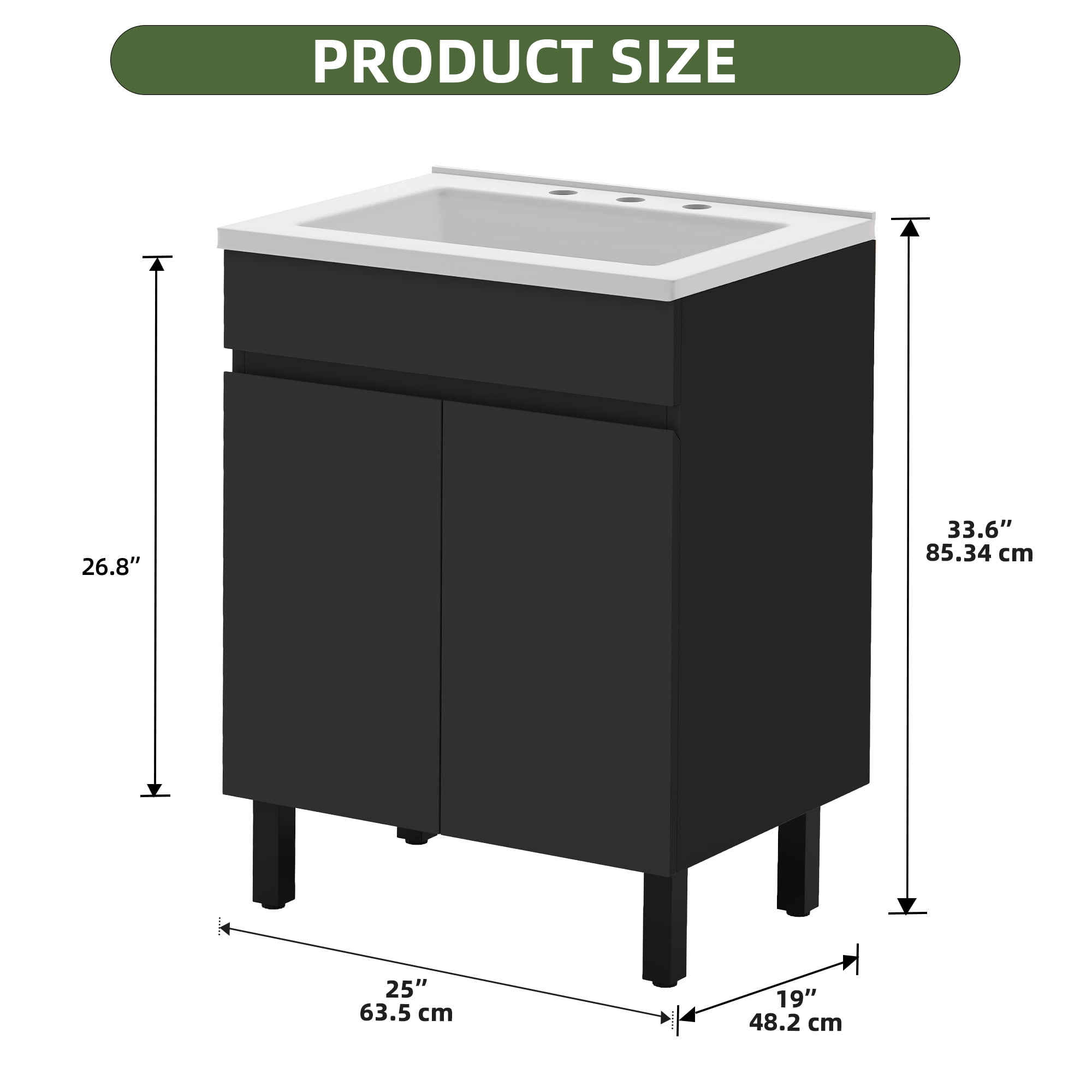 Uforic 24.9" Bathroom Vanity with Top Sink, Modern Free Standing Bathroom Storage Cabinet with Soft Close Door, Black