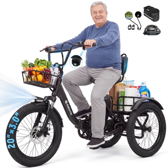ESKUTE T300R Adult Electric Tricycle with Reverse, 749W Motor, 48V 20.8Ah Removable Battery, Up to 80-Mile Range, 20" x 3.0" Fat Tires, 3 Riding Modes, UL2849 Black with Phonbag & Lock & Mirror