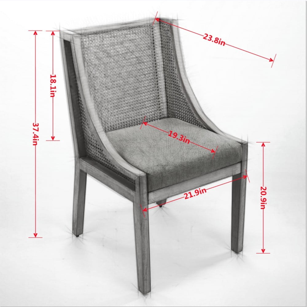 Rattan Dining Chair with Arms, Solid Wood Frame, Linen Upholstered Seat, Rustic Farmhouse Side Chair for Kitchen, Dining Room, Living Room, Olive Green