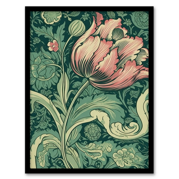 Single Tulip Flower Art Nouveau Painting Pastel Colour Teal Blue Pink William Morris Style Spring Bloom Colourful Bright Floral Modern Artwork Art Print Framed Poster Wall Decor 12x16 inch