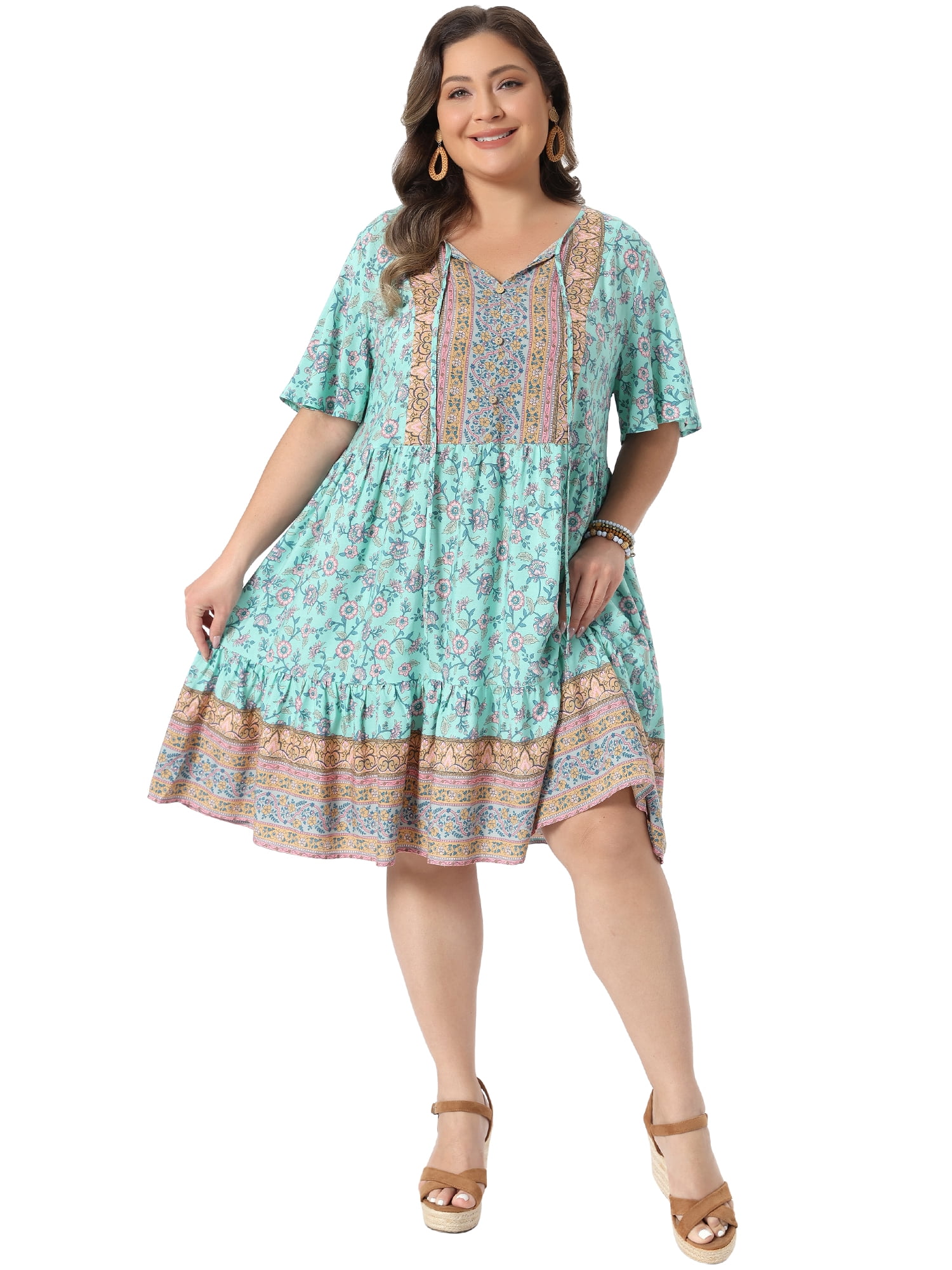 DARING DIVA Women's Plus Boho Midi Tie Crew Neck Short Dress 4X Green