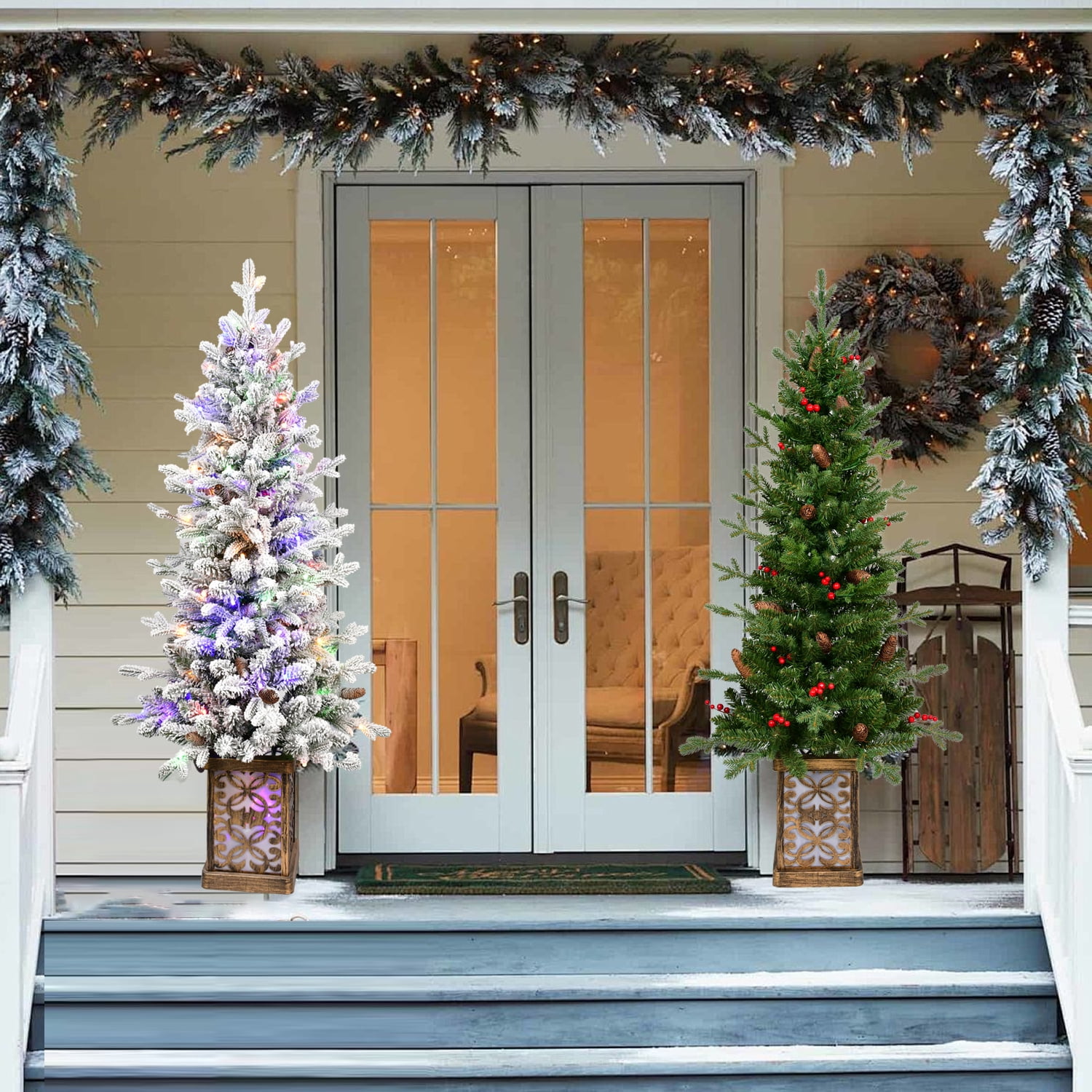 Sparkling Glitter Base Prelit Christmas Tree 100 LED Lights Berries Cones PE PVC Tips Holiday Decor