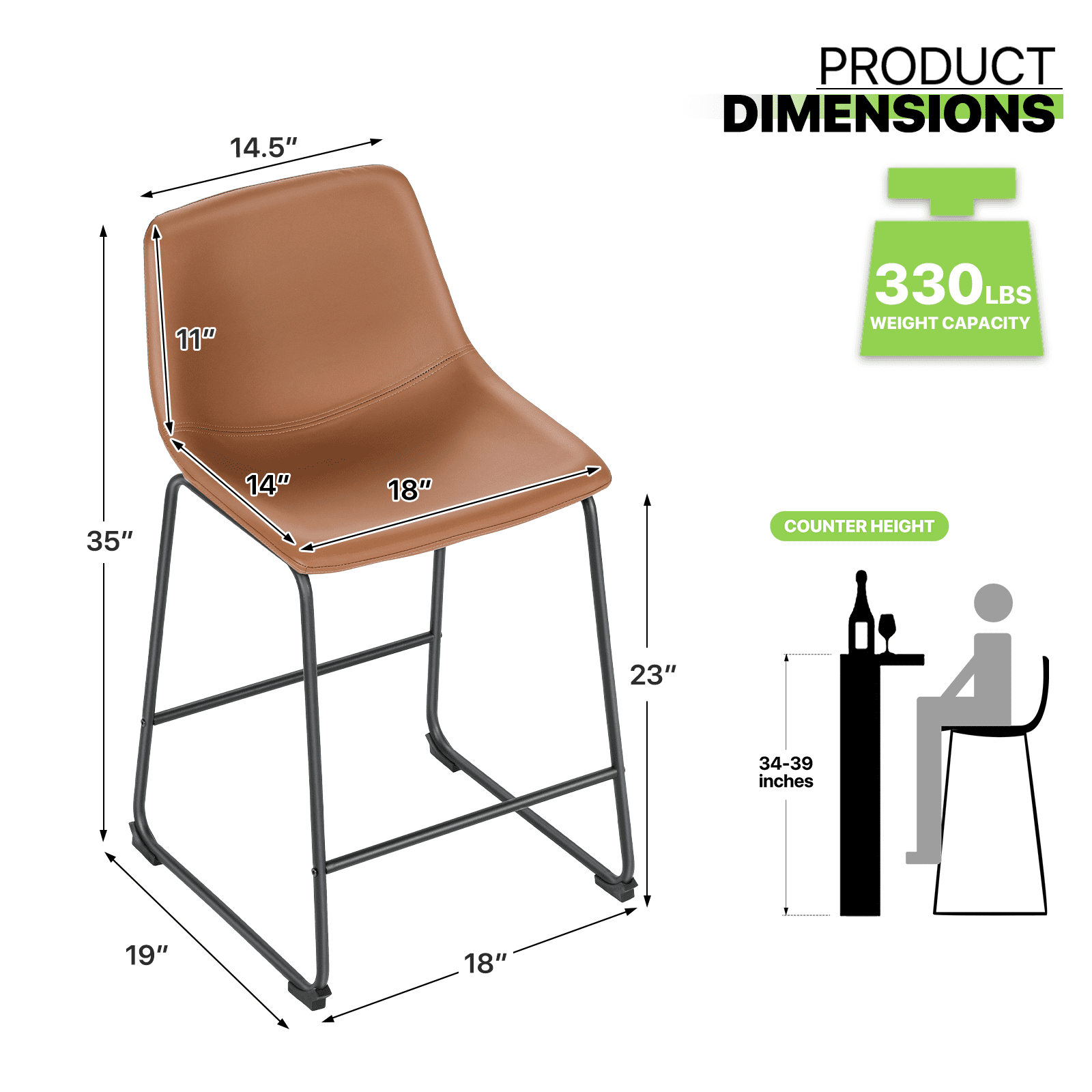 Magshion Modern Barstools Set of 2, PU Leather Counter Height Bar Stools, Dining Pub Chairs with Padded Bucket Seat, Brown