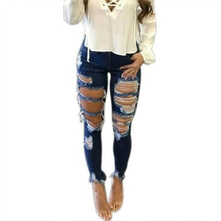 New Juniors Blue Jeans Womens Denim Ripped Stretch Jeans Skinny Destroyed Pants High Waist Casual Trouser ()
