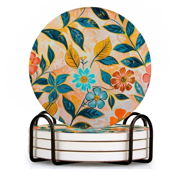 BaHomeck Drink Coasters Set of 4 with Holder pattern of hand-painted flowers and leaves in bright colors Water Absorbent Ceramic Coasters Tabletop Protection,Suitable for Various Cup ,Home Decor