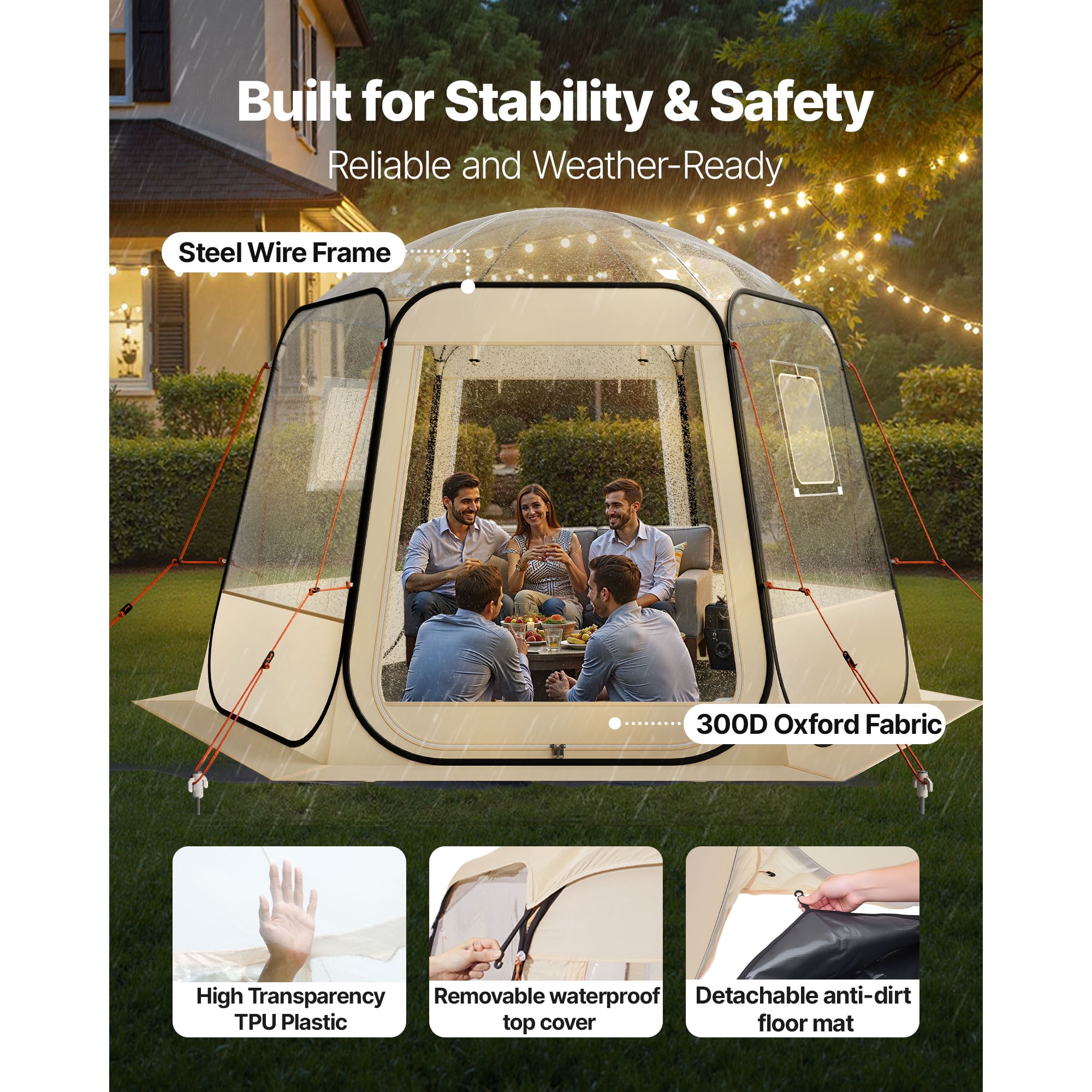 KFFKFF Pop-Up Bubble Tent, 10 x 9.2 ft Waterproof & UV-Resistant, Transparent Outdoor Dome Shelter with Windows, 540° Panoramic View, Fits 4-8 People for Patio or Backyard Use