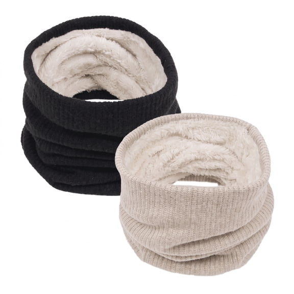 Loritta 2Pcs Women's Winter Knitted Fleece Scarves Set Classic Solid Style Thickened Warm Neck Warmer Black & Khaki