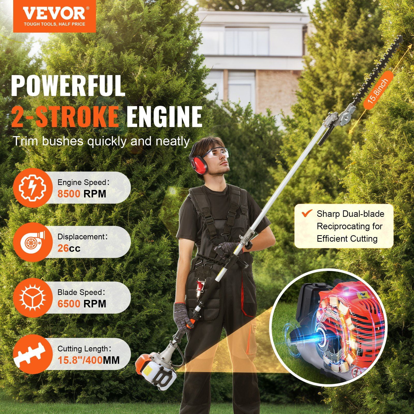 15.7 Inch 26CC 2 Cycle Gas Pole Hedge Trimmer with Dual Sided Dual Action Blade 270 Degree Adjustable Head for Shrubs and Bushes