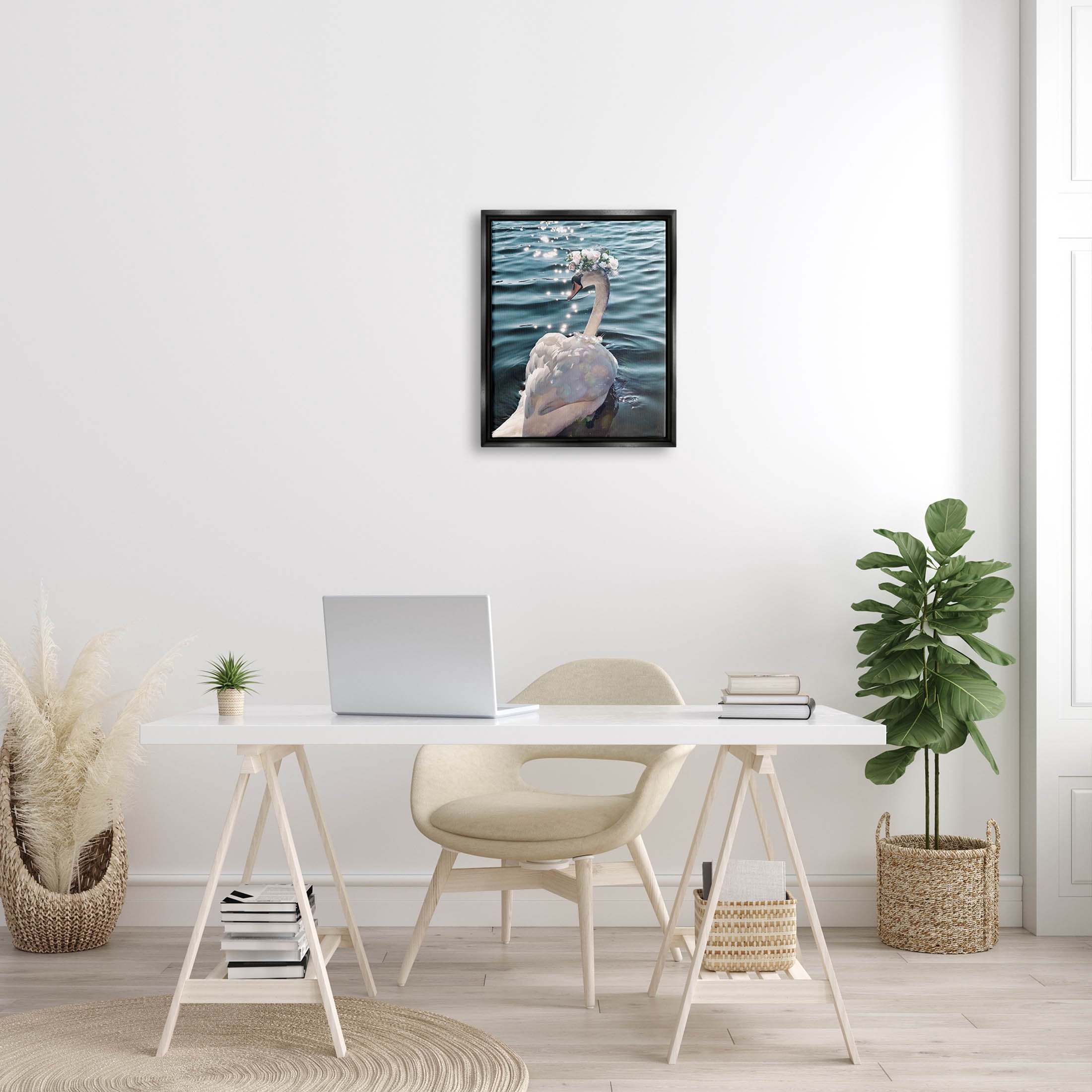 Flower Crown Swan Lake Ripples Animals & Insects Graphic Art Jet Black Framed Art Print Wall Art