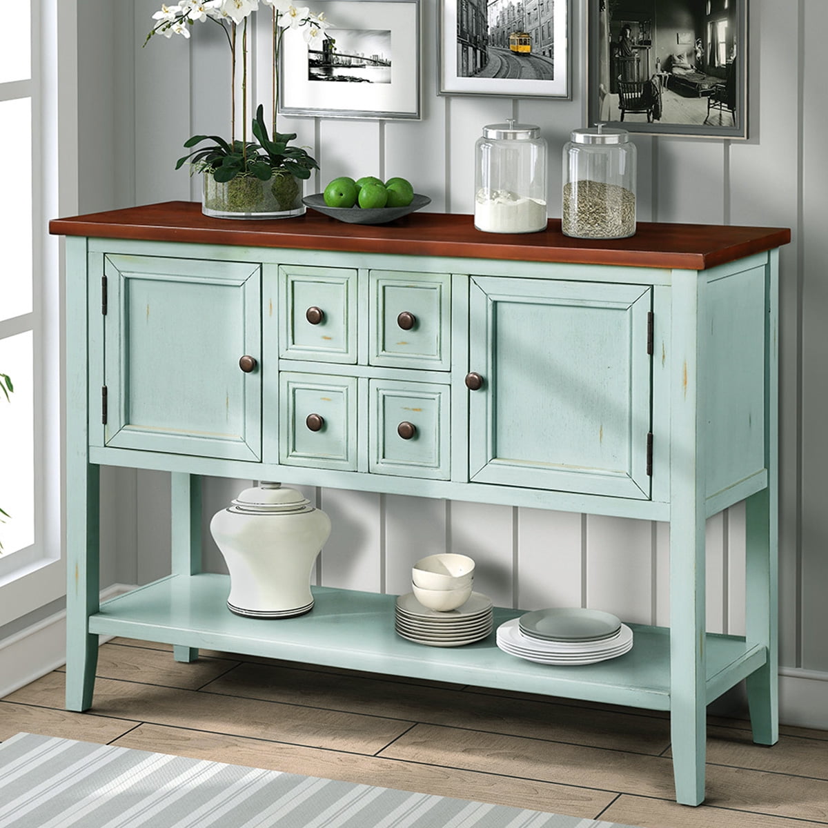 Storage Buffet Sideboard Cabinet for Kitchen/Entryway Side Table for Living Room Wood Console Sofa Table with Drawers and Bottom Shelf Antique Navy
