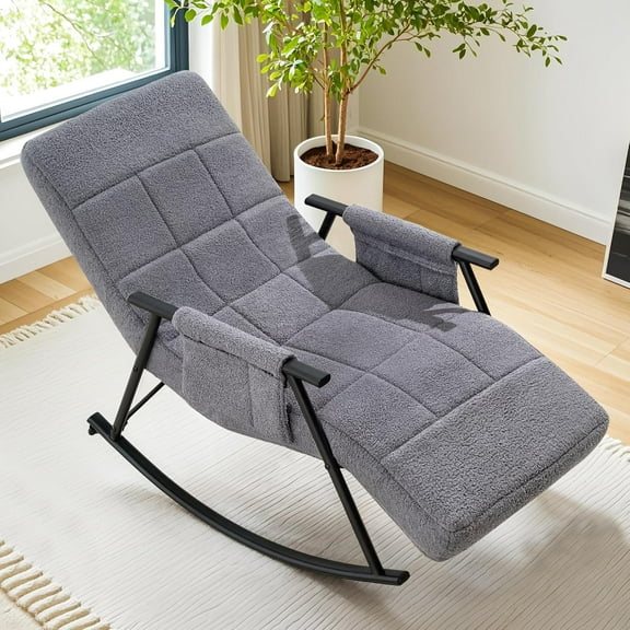 High Back Nursery Rocking Chair with Foot Rest, Teddy Upholstered Reclining Glider Rocker, Comfy Armchair Padded Seat Removable Side Pockets for Living Room, Bedroom, Balcony