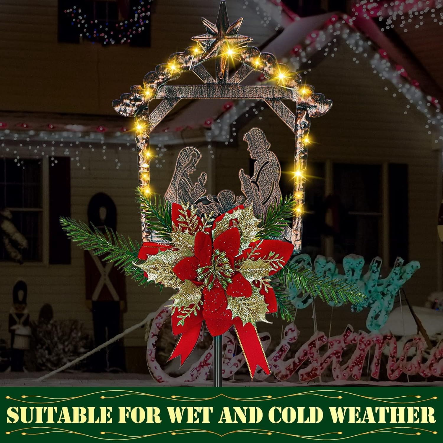 2 Pcs Nativity Scene Outdoor Yard Stakes Metal Christmas Light Decorations LED Christmas Decorations Nativity Scene Outdoor Solar Outdoor Lighted Nativity Scene for Pathway Garden Lawn (Classic)