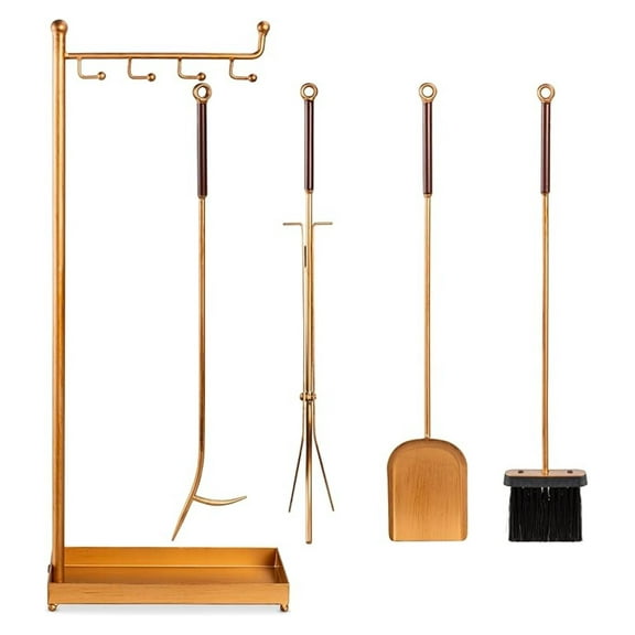 5-Piece Modern Contemporary Fireplace Tool Set for Indoor Fireplace Décor, Outdoor w/, Tongs, Dust Pan Shovel, Brush, Ergonomic Handles - Antique