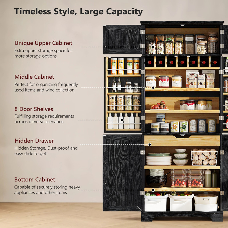 Farmhouse Kitchen Pantry with Drawers, Sideboard Storage Cabinet with Adjustable Shelves, Freestanding Versatile Cupboard