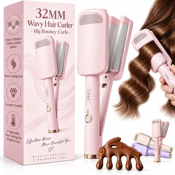 32MM Deep Wavy Hair Curler - Big Bouncy Curls, Heats up in 10 Seconds, 4-Heat Ceramic Hair Waver, Deep U-shaped 32mm for Any Hairstyle Hair Type, Automatic Shut off