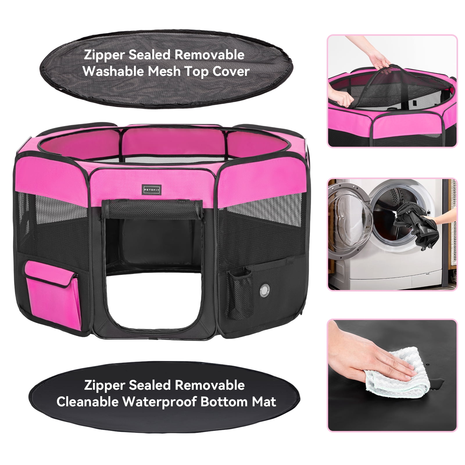 PETSFIT Portable Dog Playpen,36" Dog Play Pen Indoors with Removable Waterproof Mat & Zippered Roof | RV, Camping, Travel Dog Pen | Whelping & Cat Observation Space