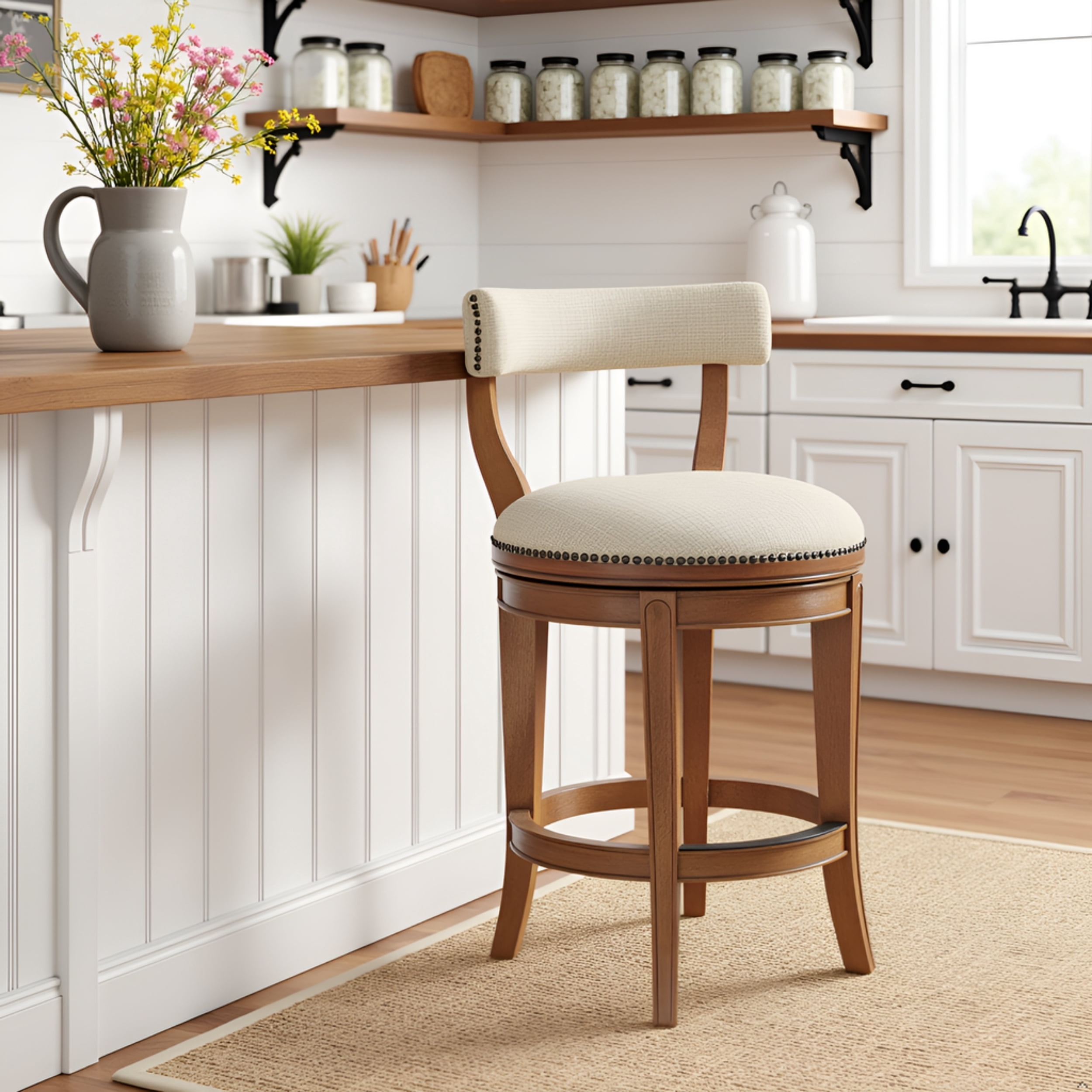 Alaterre Furniture Hanover Swivel Low Back Counter Height Bar Wood Stool, Weathered Brown and Beige