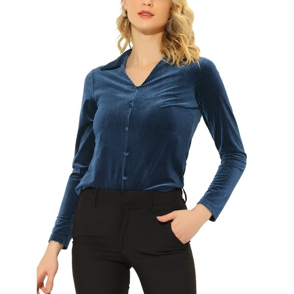 INSPIRE CHIC Women's V Neck Velvet Blouse Long Sleeve Ribbed Knit Solid Velvet Blouse Tops Blue XS