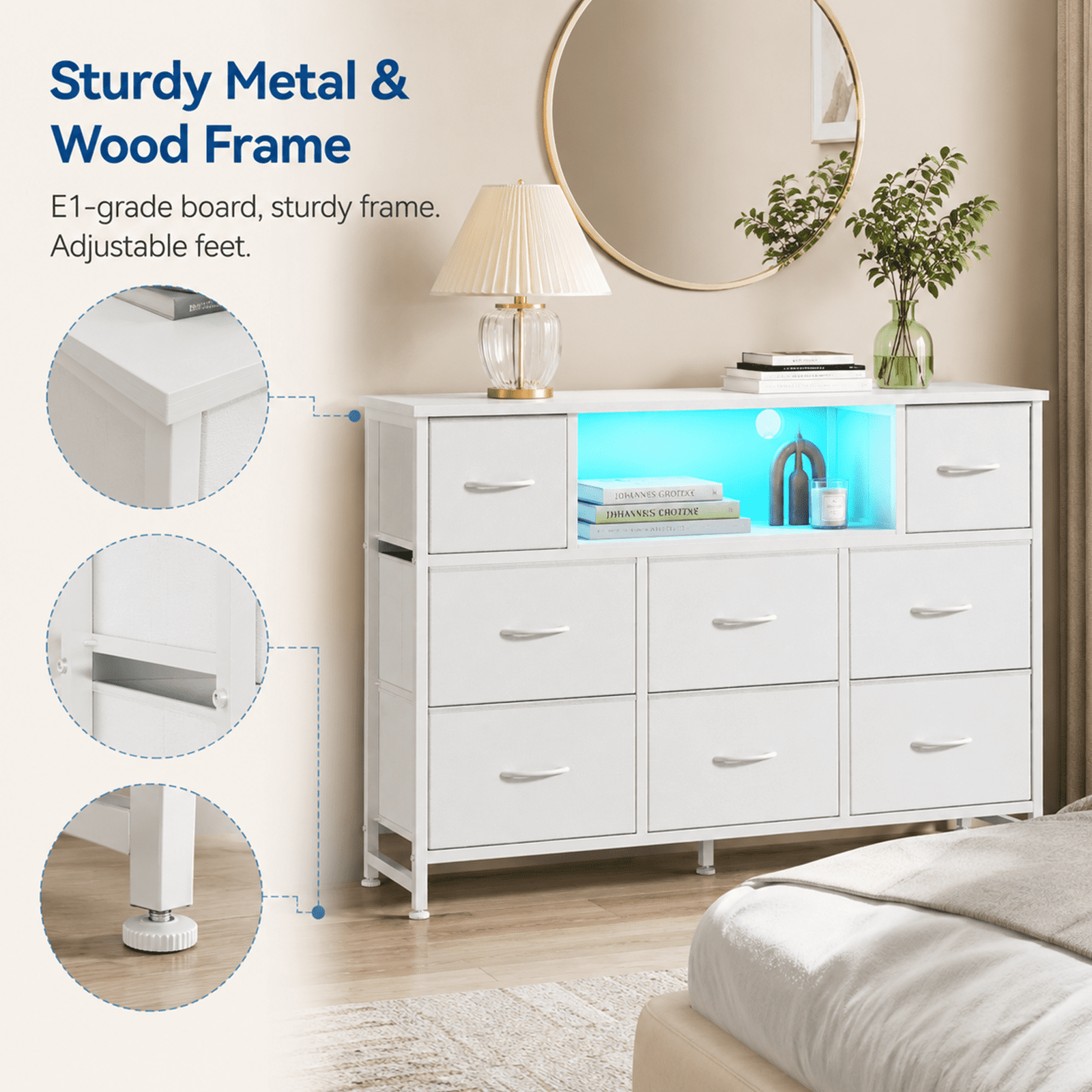 Alvantor Dresser TV Stand for 45, 50, 55 inch TV, Entertainment Center with LED Lights & Charging Station, Chest of Drawers with 8 Fabric Drawers and Open Shelves for Living Room, Hallway, Wood Top