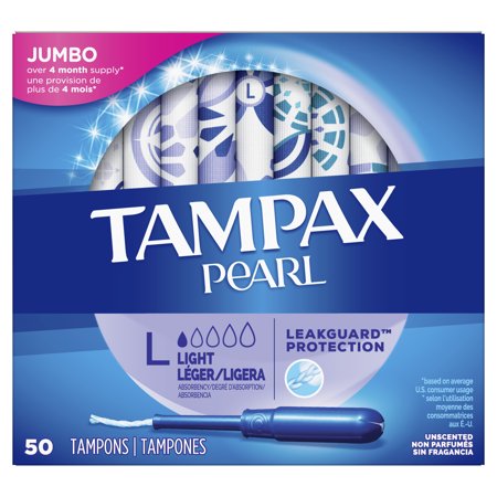Tampax Pearl Tampons, Light Absorbency with LeakGuard Braid, Unscented, 50 Count