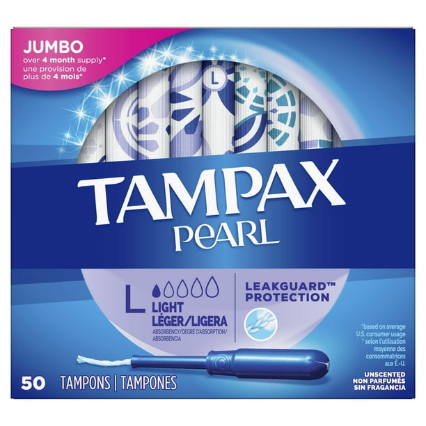 Tampax Pearl Tampons, Light Absorbency, Unscented, 50 ct