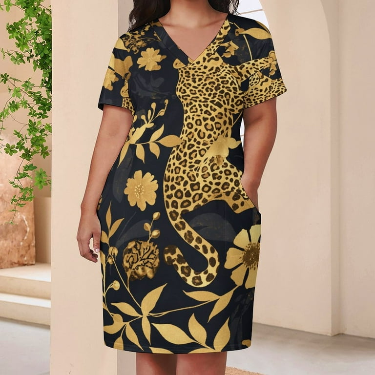 Leopard Print Summer Sundress for Curve Women Casual Pattern Plus Size V  Neck Short Sleeve Loose Fit Oversize Dresses - Walmart.com
