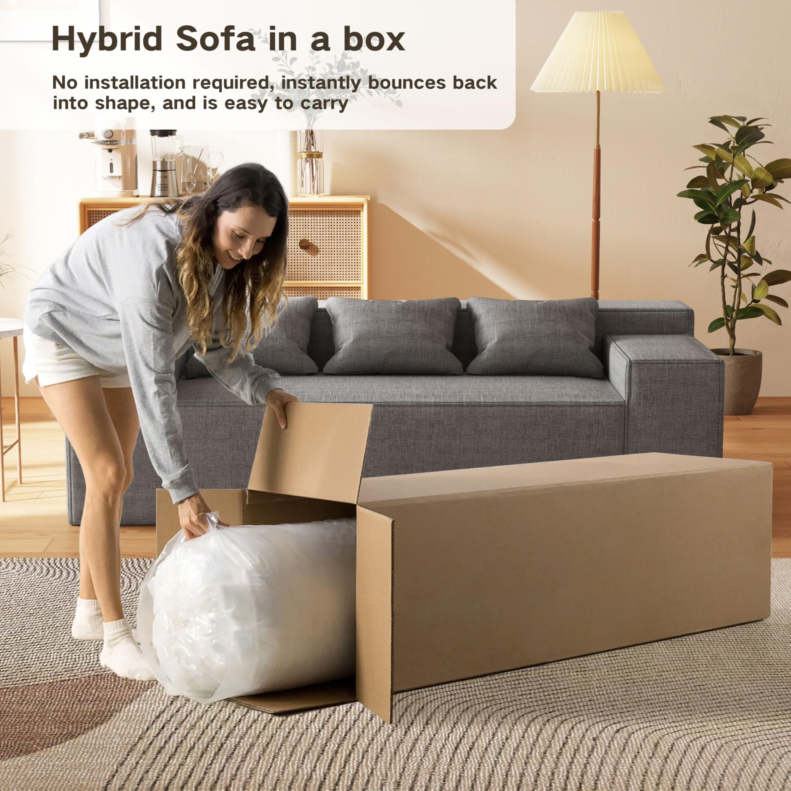 Modern 3-Seater Sofa, Hybrid Sofa in a Box, No Assembly Required, Comfy Sofa Couch with 3 Matching Pillows, Couch for Living Room or Bedroom, Grey