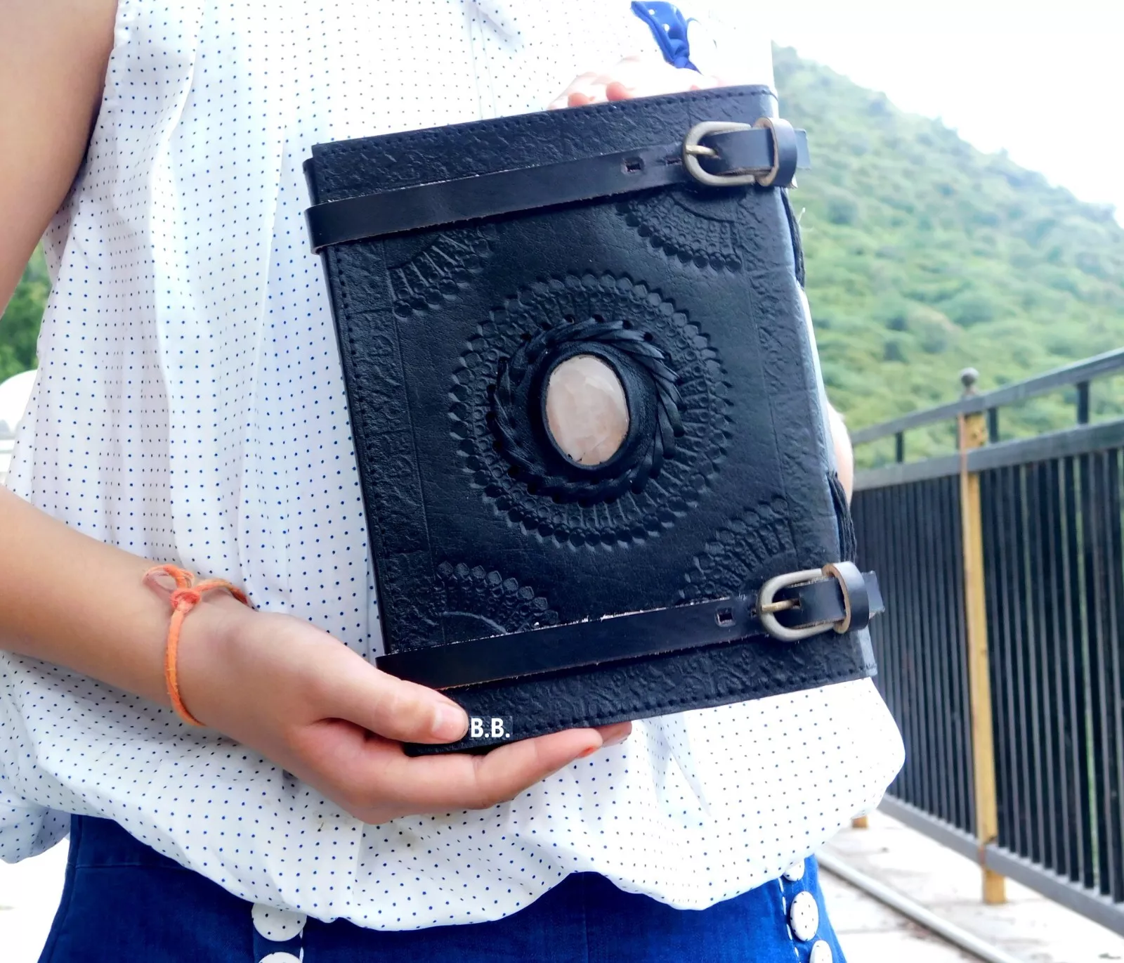 Handcrafted Embossed Design Vintage Leather Bound Journal Diary Rose Quartz Stone Belt Closure Notebook For Men & Women Office Stationary Use