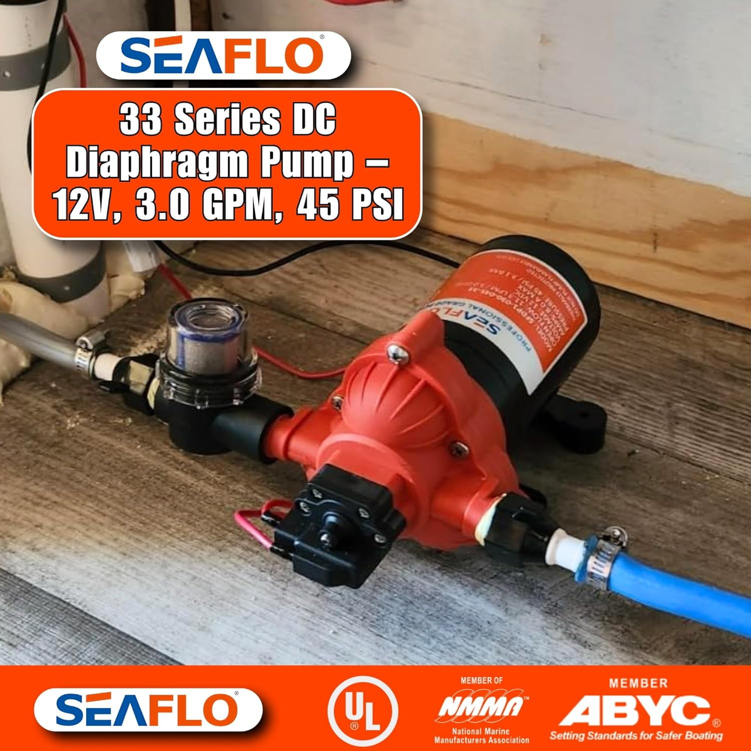 SEAFLO 33 Series DC Diaphragm Pump – 4-Year Warranty! 12V, 3.0 GPM, 45 PSI, Self-Priming, Run Dry Safe, Built-In Pressure Switch | Ideal for Marine, RV, and Water Systems