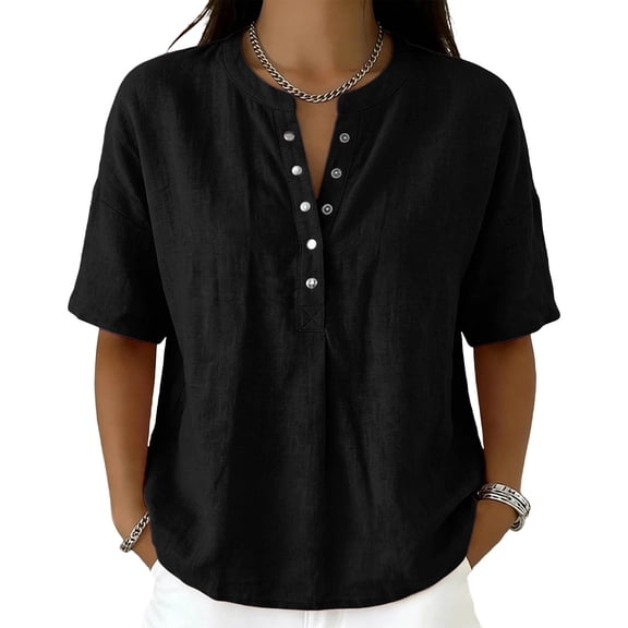 GUACER Tops for Women Button Down Short Sleeve Henley Shirt, Summer Loose Fit Casual Blouse