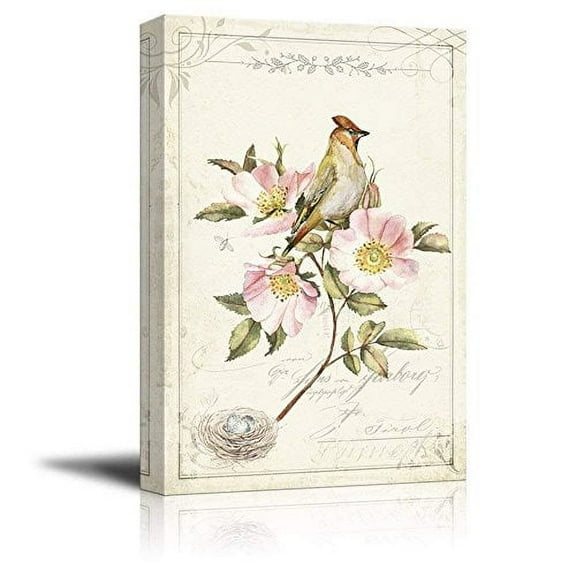wall26 Canvas Wall Art - Vintage Style Pink Flower Bird Bird Nest - Giclee Print Gallery Wrap Modern Home Art Ready to Hang - 16x24 inches