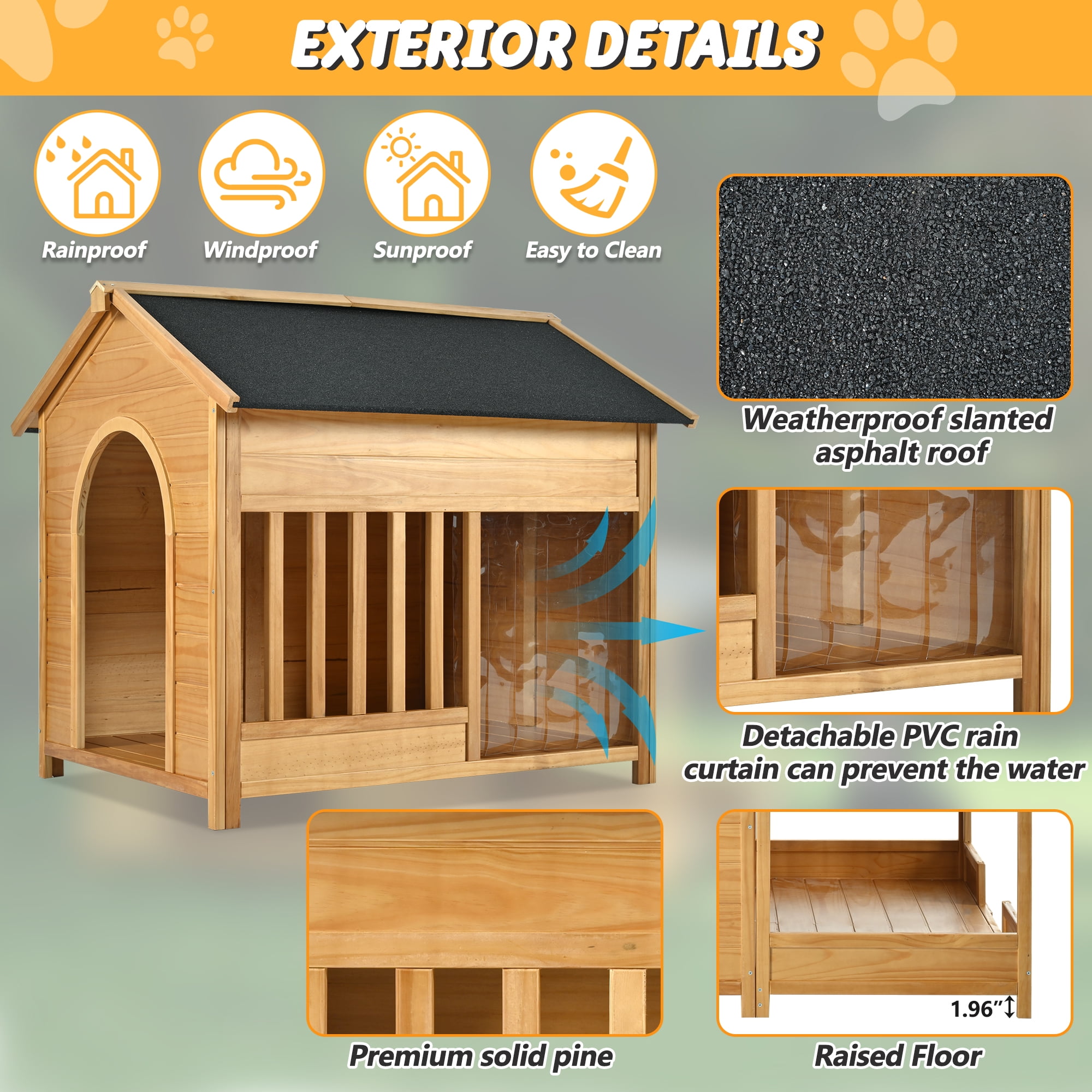 FFZ 60.2" Large Outdoor Dog House Insulated Liner Winter Waterproof Kennel Medium Porch Elevated