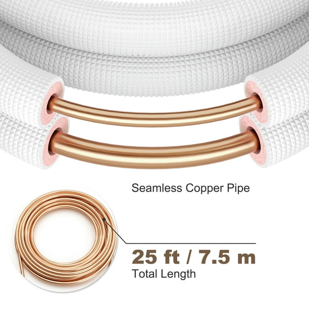VEVOR Mini Split Línea de Cobre Set 24.6ft Longitud, 3/8" & 5/8" OD Tubos de Cobre para Mini Split Aire Acondicionado, Líneas de Cobre Acampanadas Blanco Mini Split Line Set para 24000 BTU