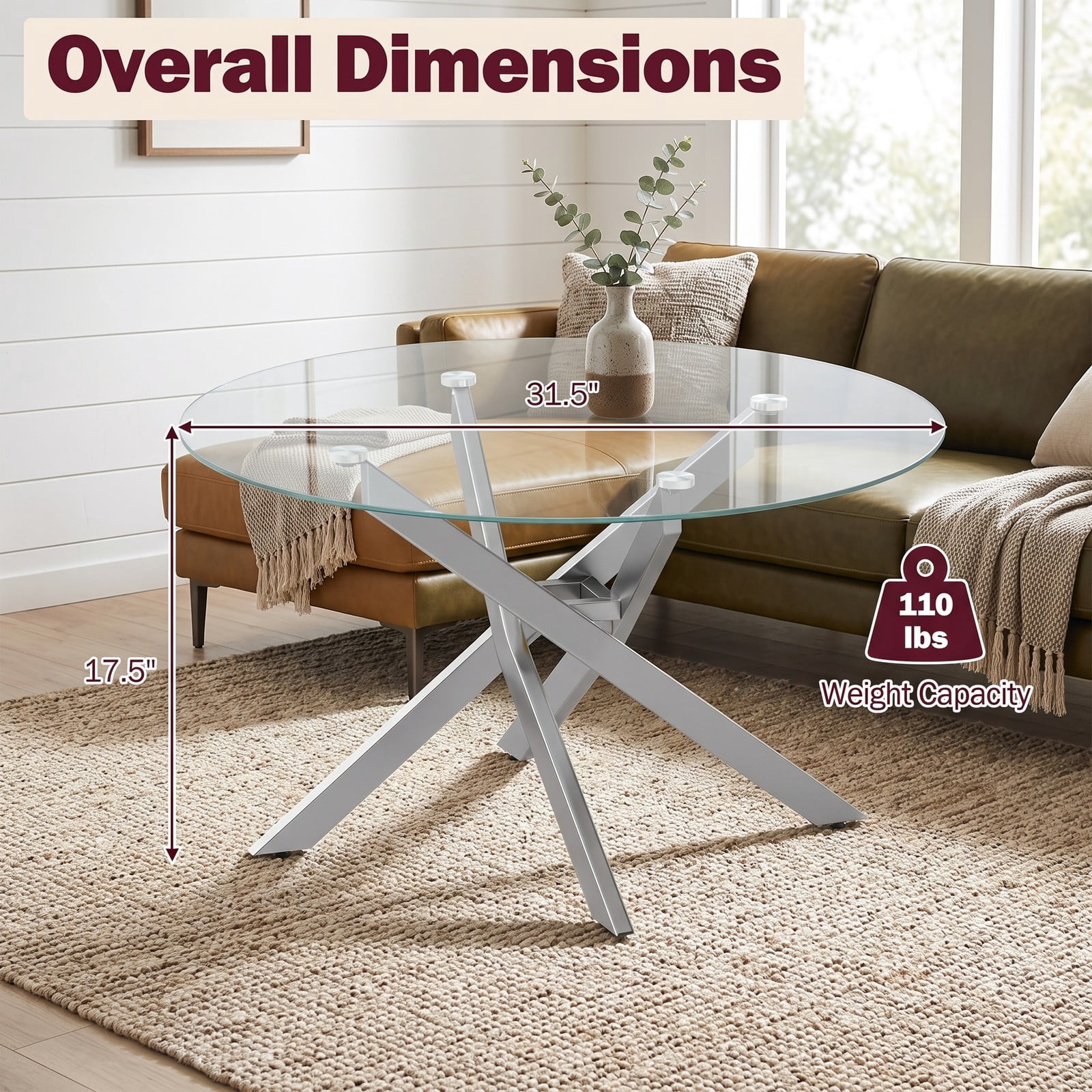 Furnibear Round Glass Coffee Table, Modern Tempered Glass Top Center Table with Geometric Metal Frame for Living Room, Adjustable Foot Pads, Clear & Silver